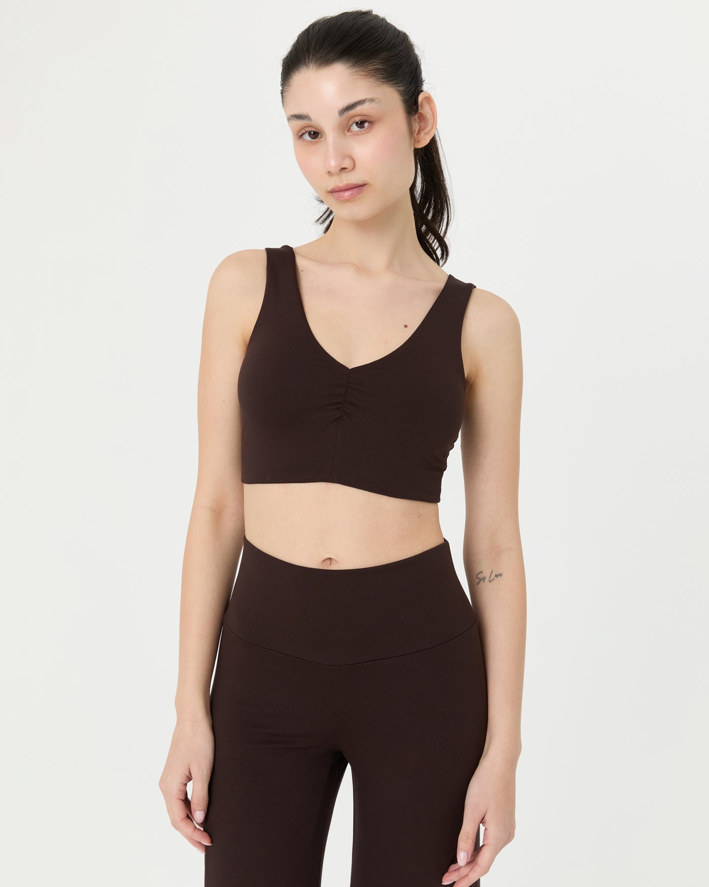 Kahverengi Büzgülü V Yaka Yoga Bra