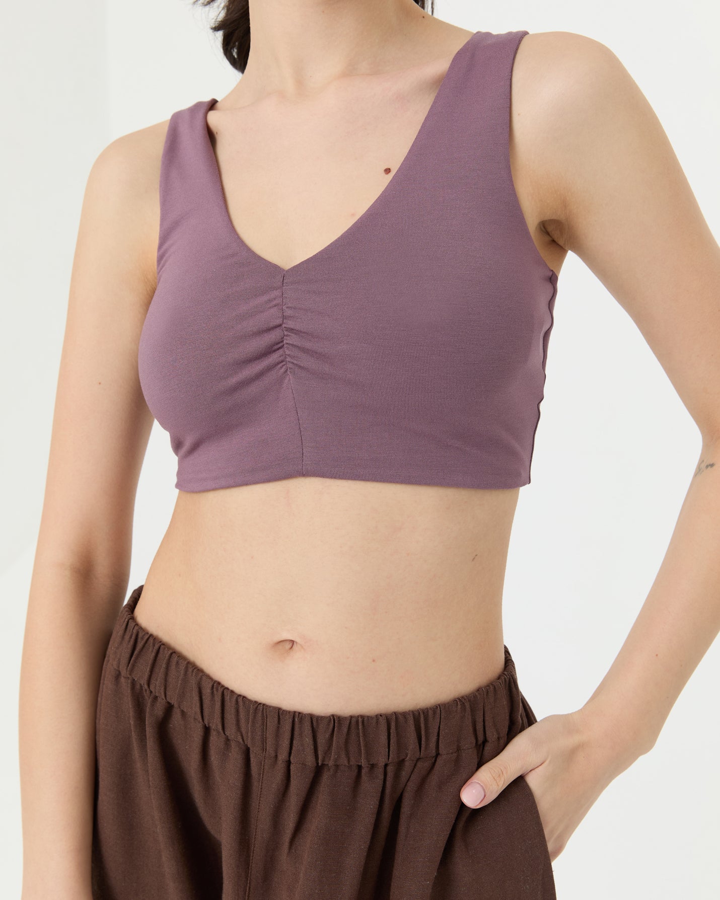 Lila Büzgülü V Yaka Yoga Bra