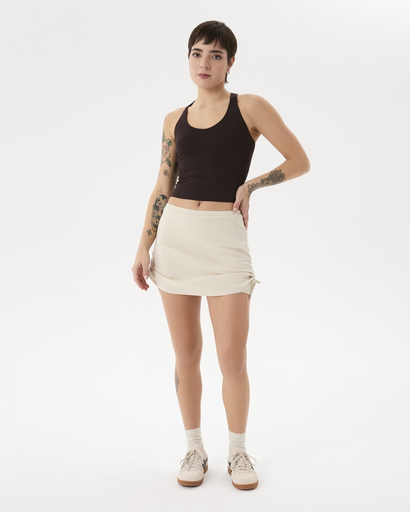 Krema Şortlu Büzgülü Etek