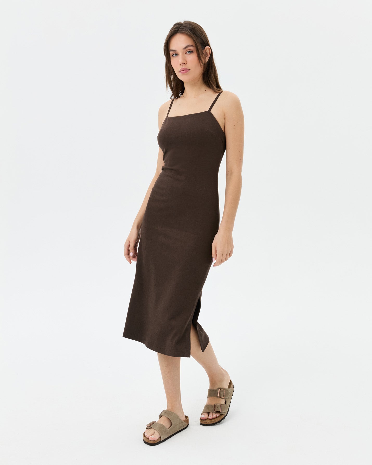 Kahverengi Askılı Midi Elbise
