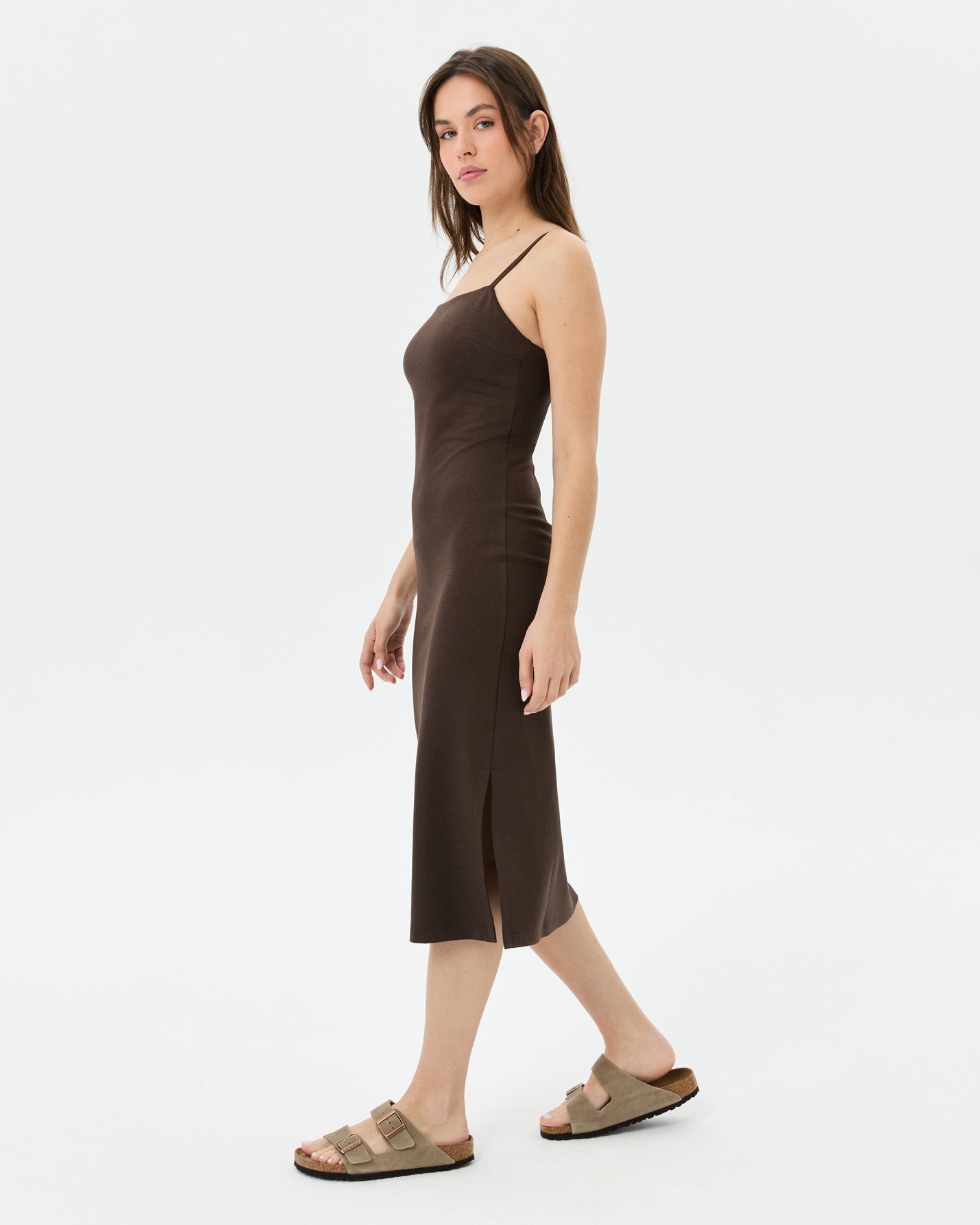 Kahverengi Askılı Midi Elbise