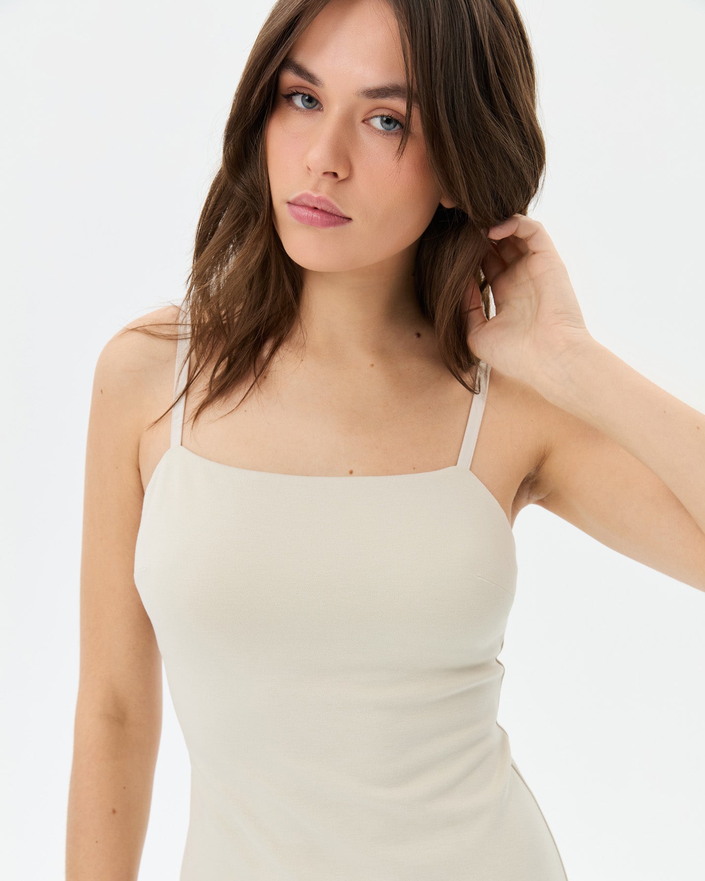 Krema Askılı Midi Elbise