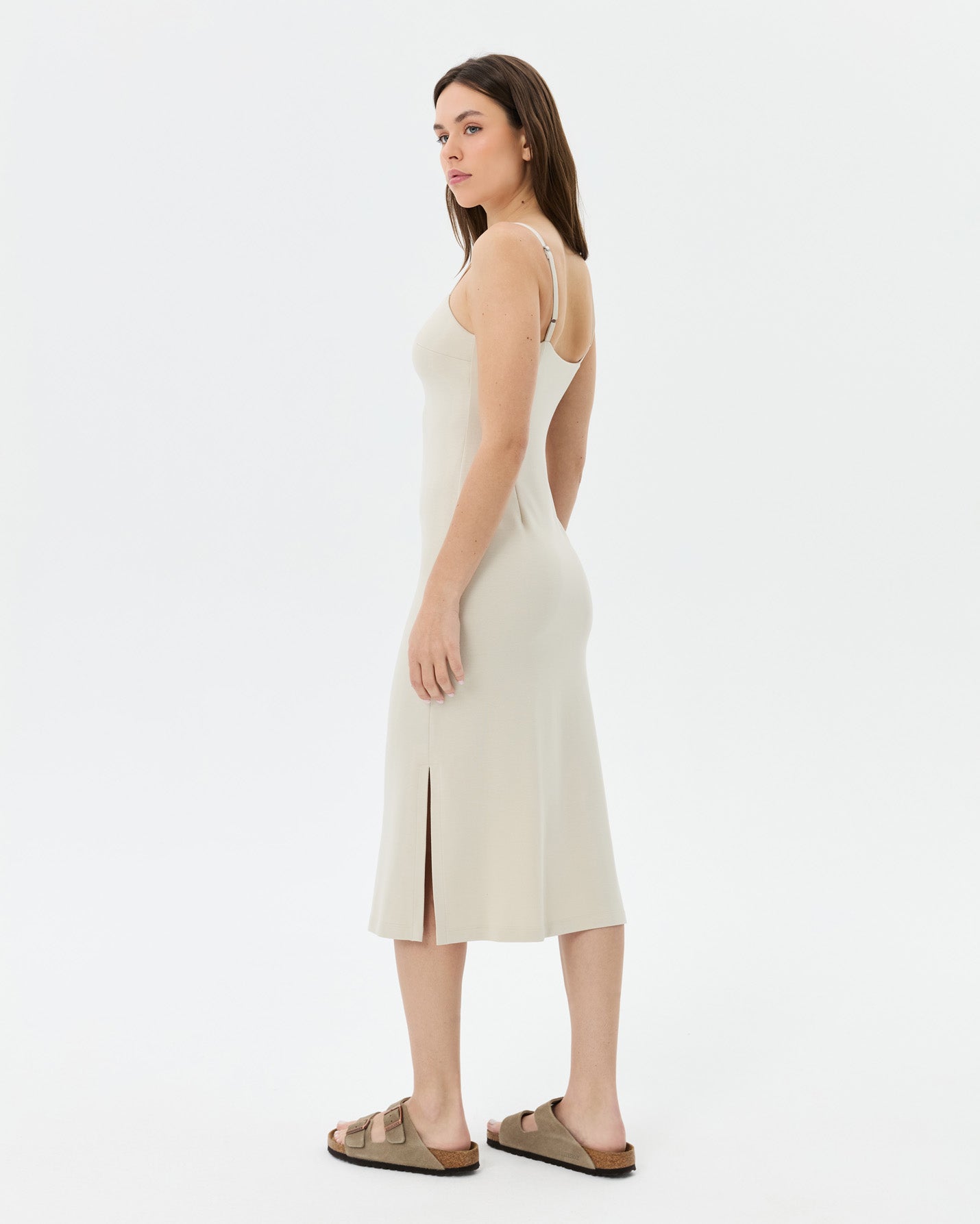 Krema Askılı Midi Elbise
