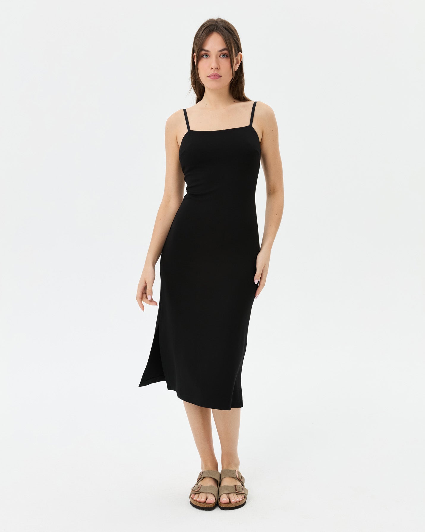 Siyah Askılı Midi Elbise