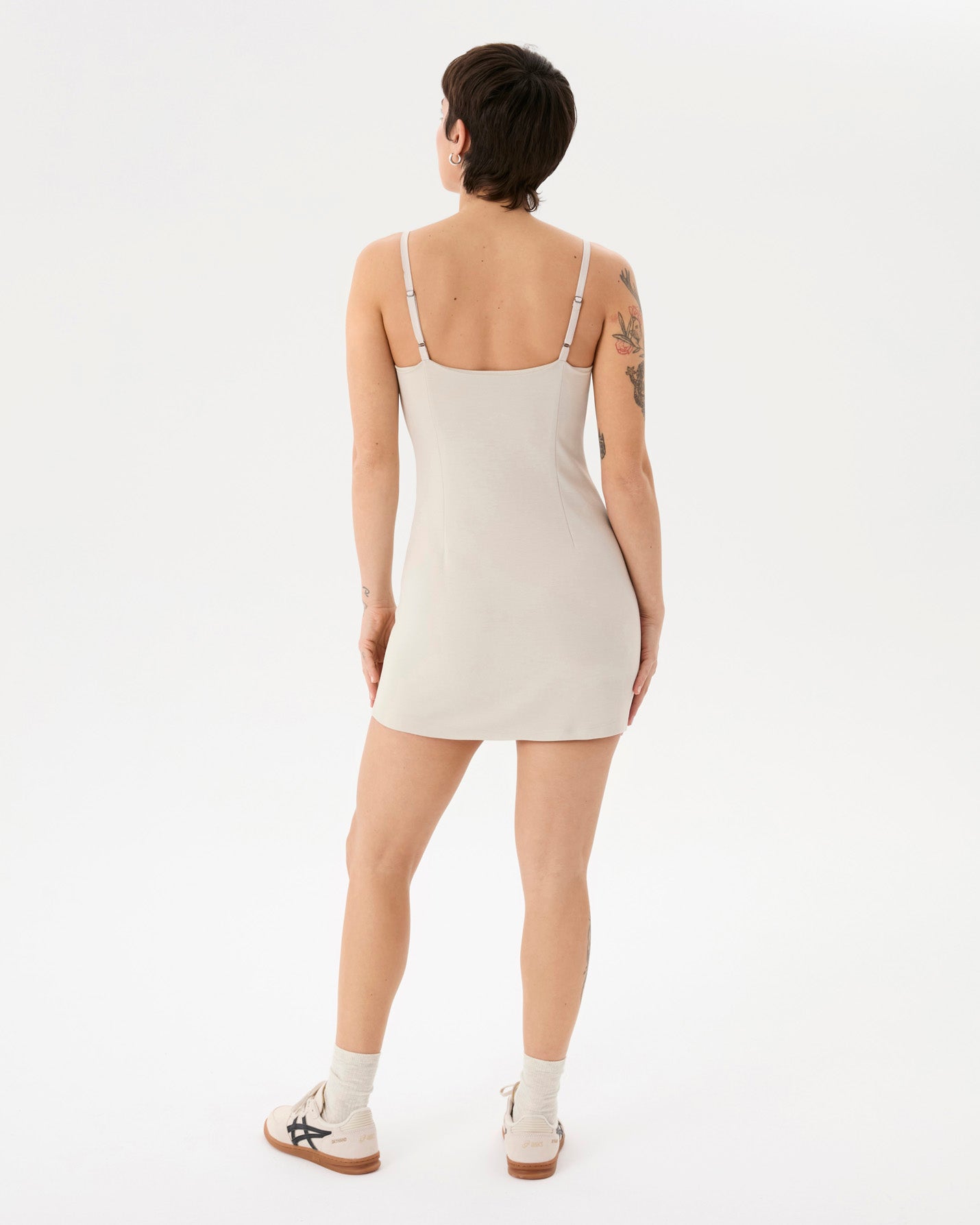 Krema Askılı Mini Elbise