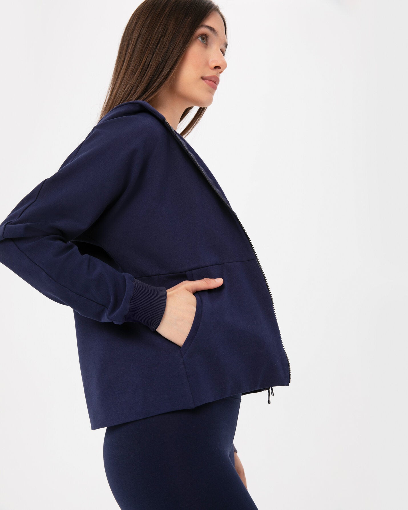 Indigo Fermuarlı Hoodie