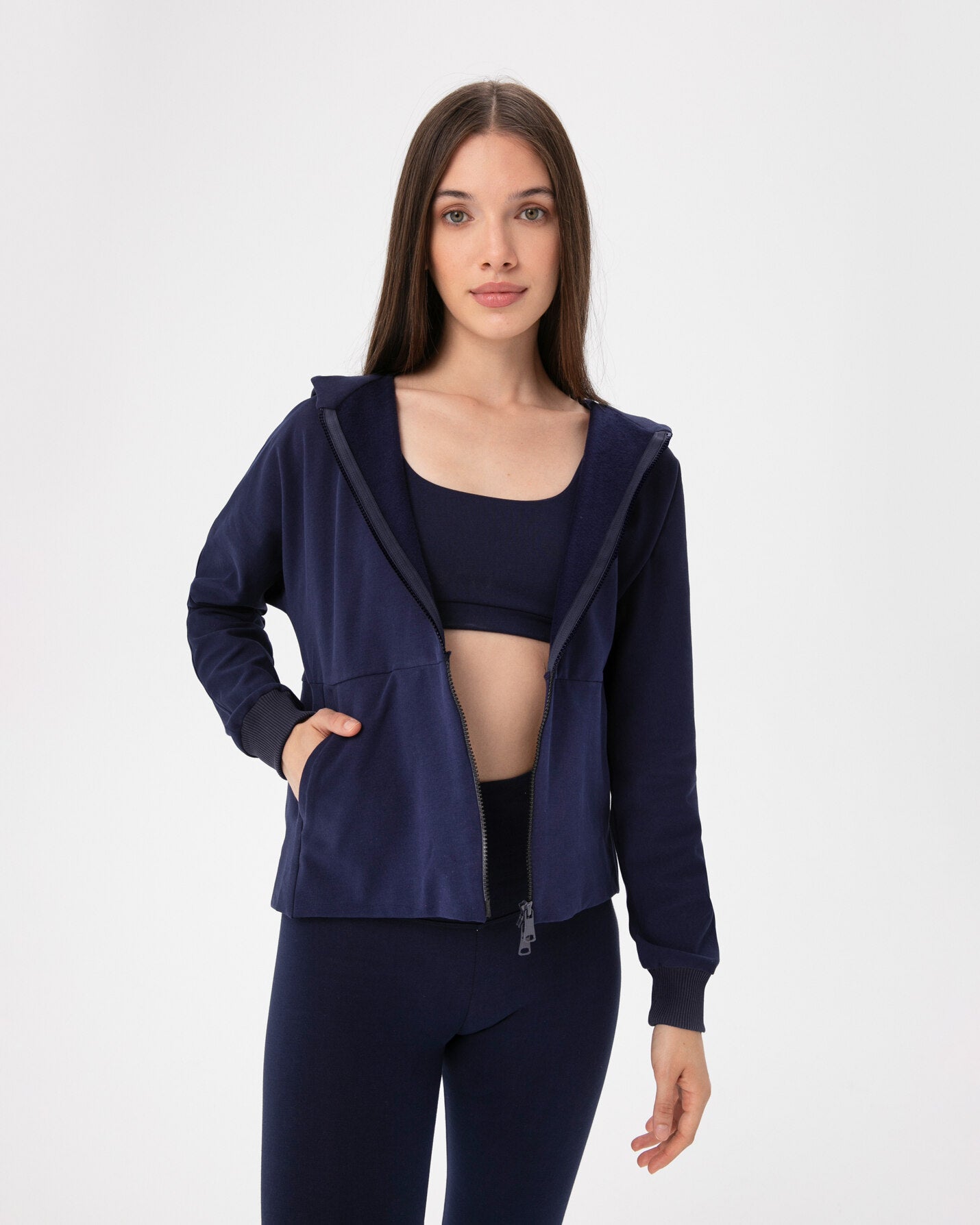 Indigo Fermuarlı Hoodie