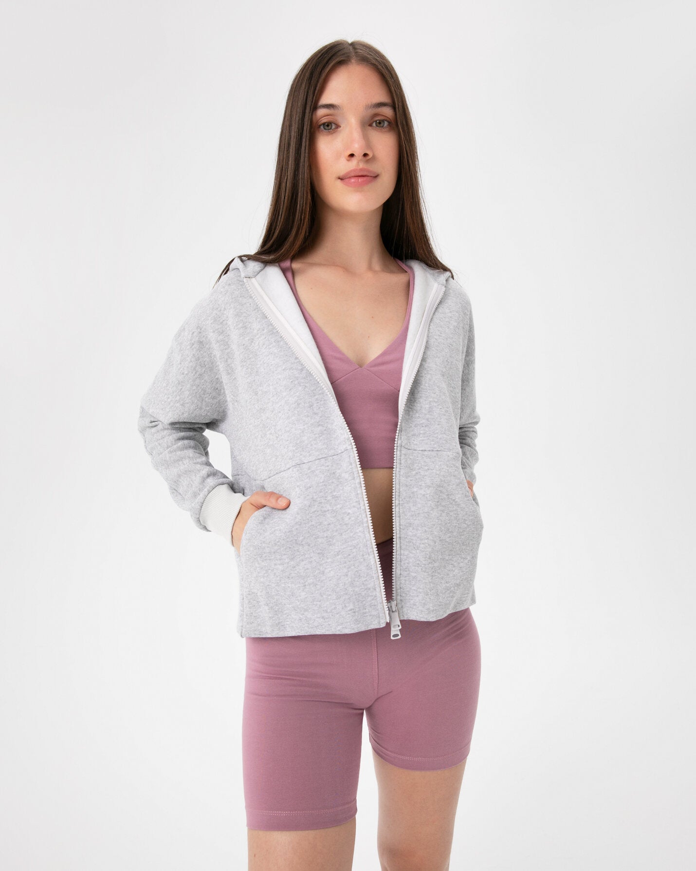 Gri Melanj Fermuarlı Hoodie