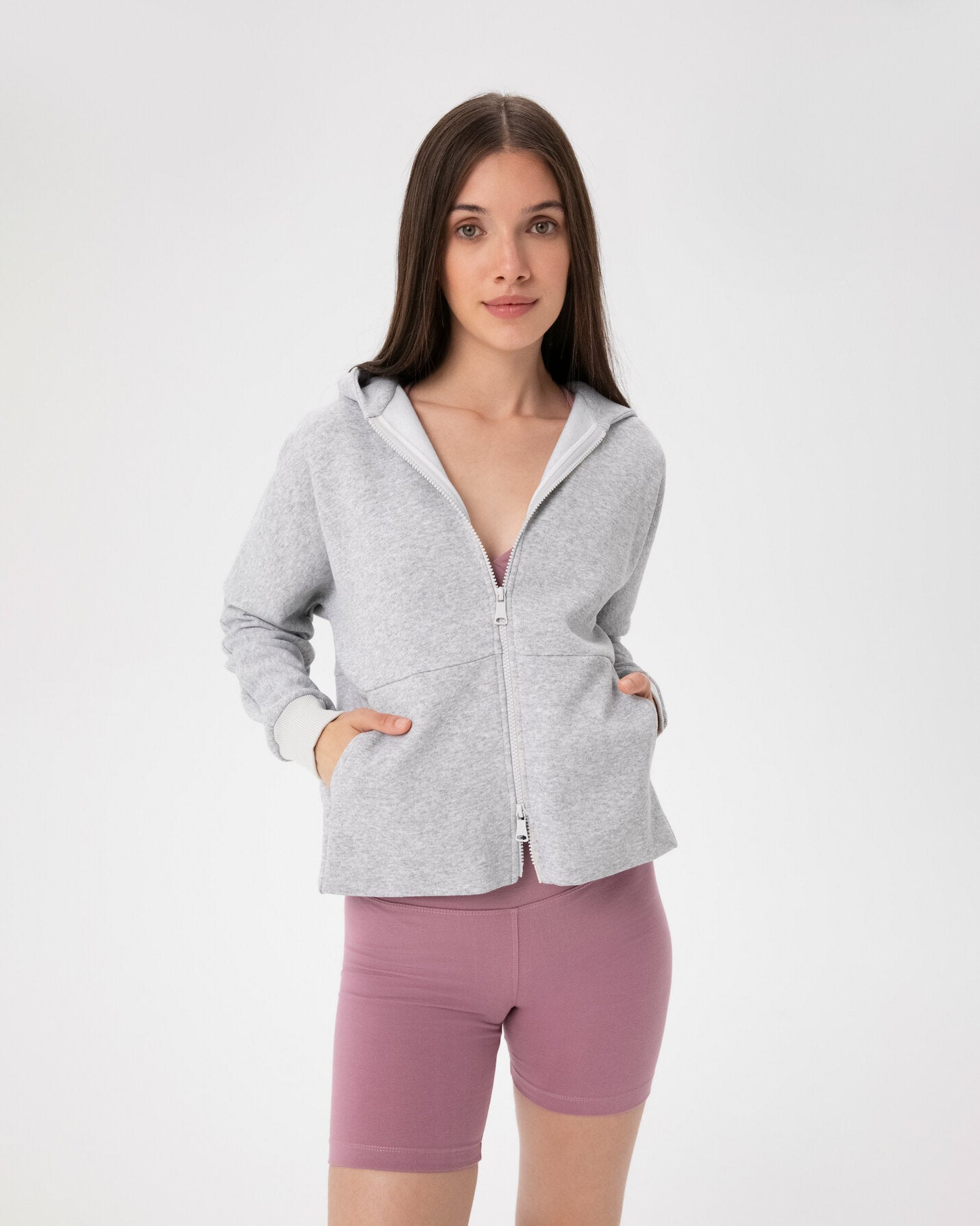 Gri Melanj Fermuarlı Hoodie
