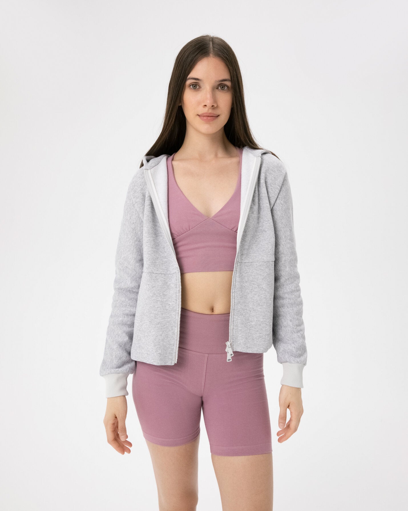 Gri Melanj Fermuarlı Hoodie