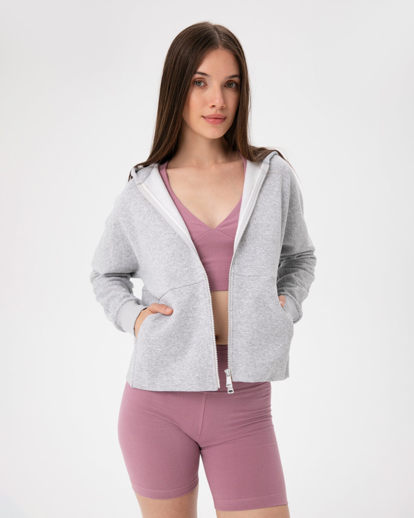 Gri Melanj Fermuarlı Hoodie