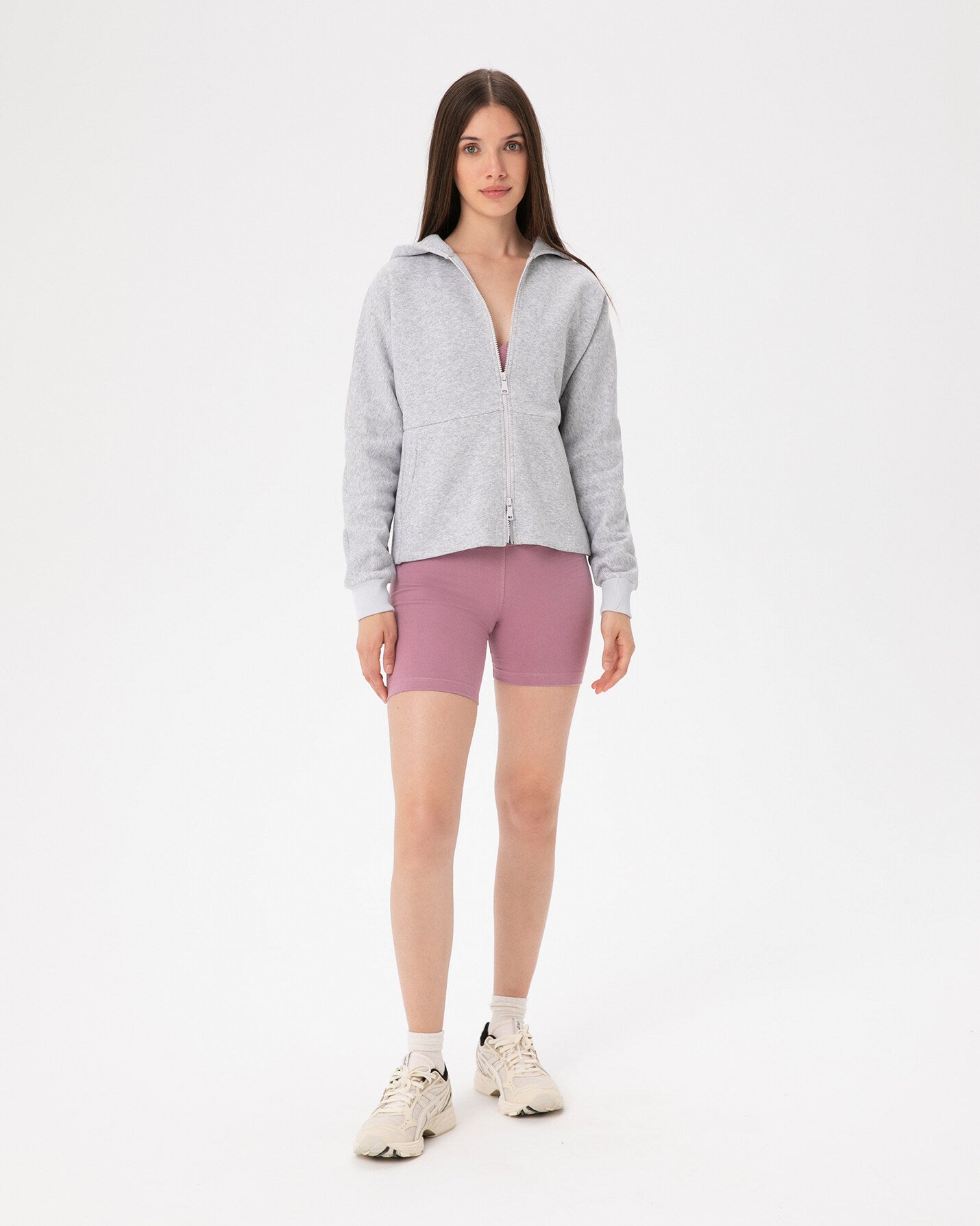 Gri Melanj Fermuarlı Hoodie