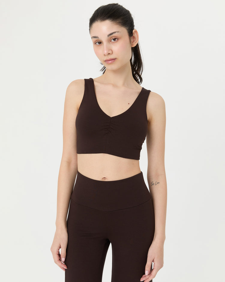 Kahverengi Büzgülü V Yaka Yoga Bra