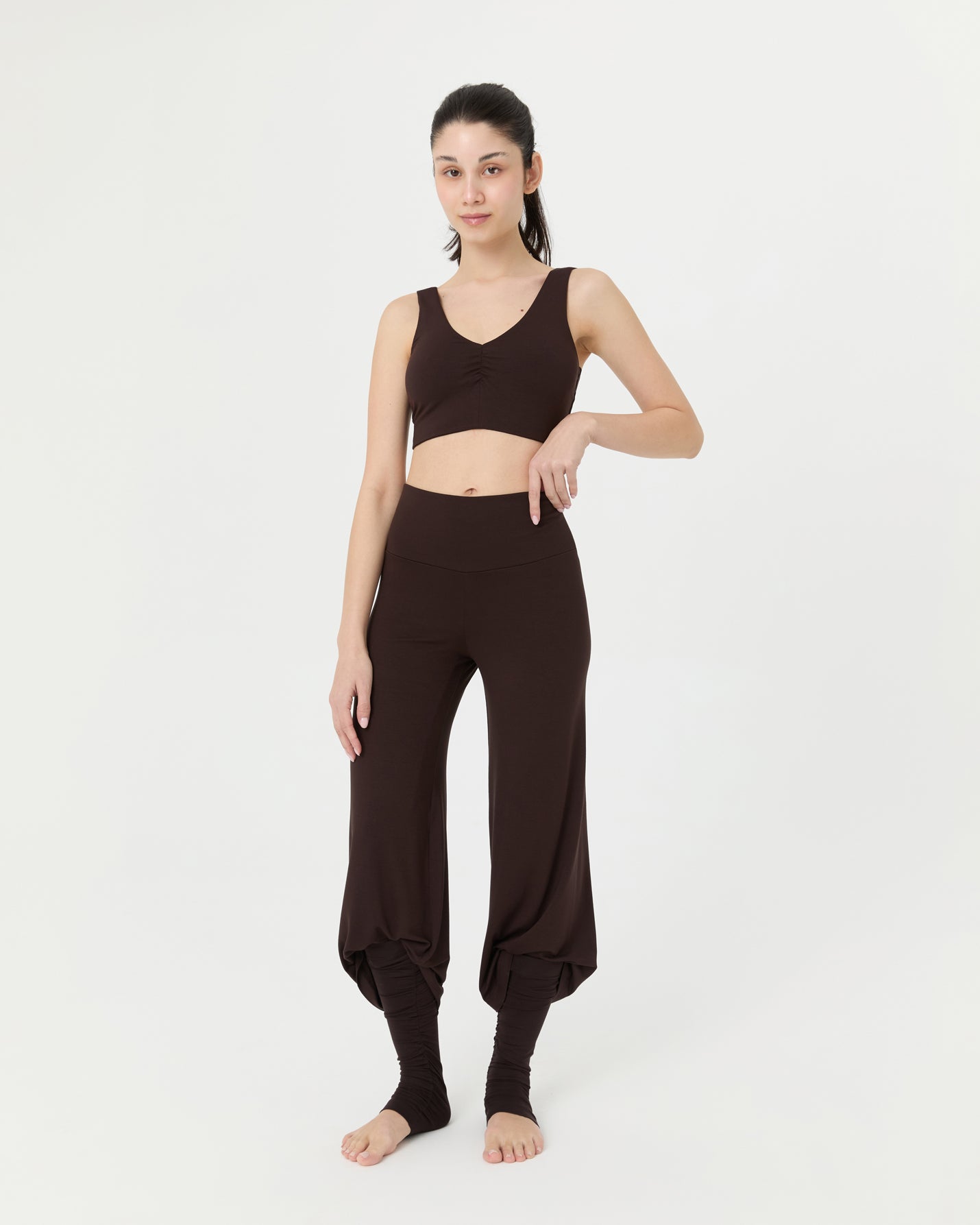 Kahverengi Büzgülü V Yaka Yoga Bra
