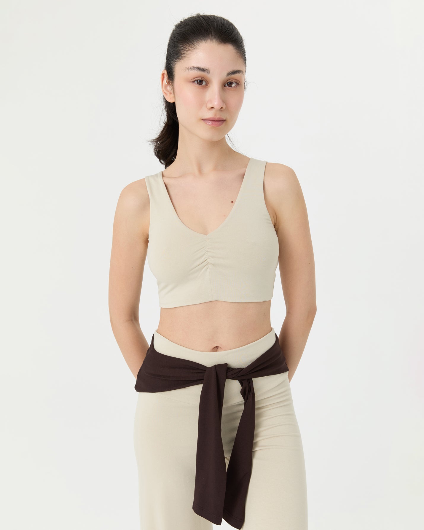 Krema Büzgülü V Yaka Yoga Bra