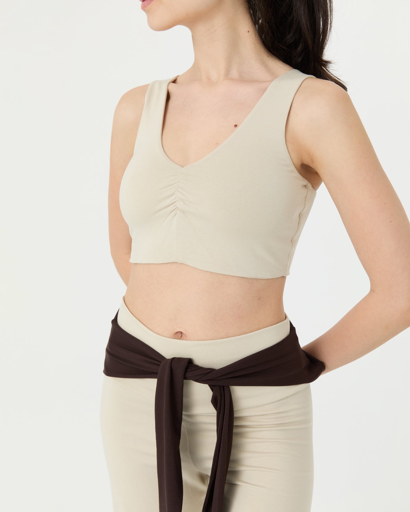 Krema Büzgülü V Yaka Yoga Bra