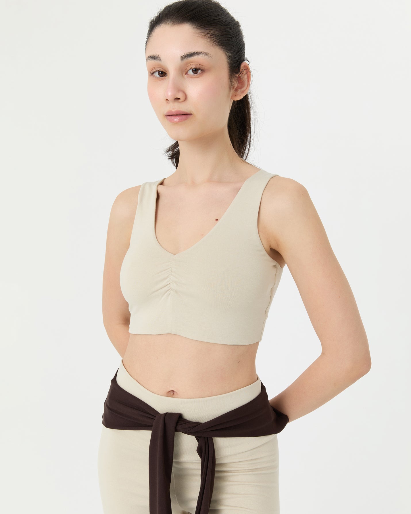 Krema Büzgülü V Yaka Yoga Bra
