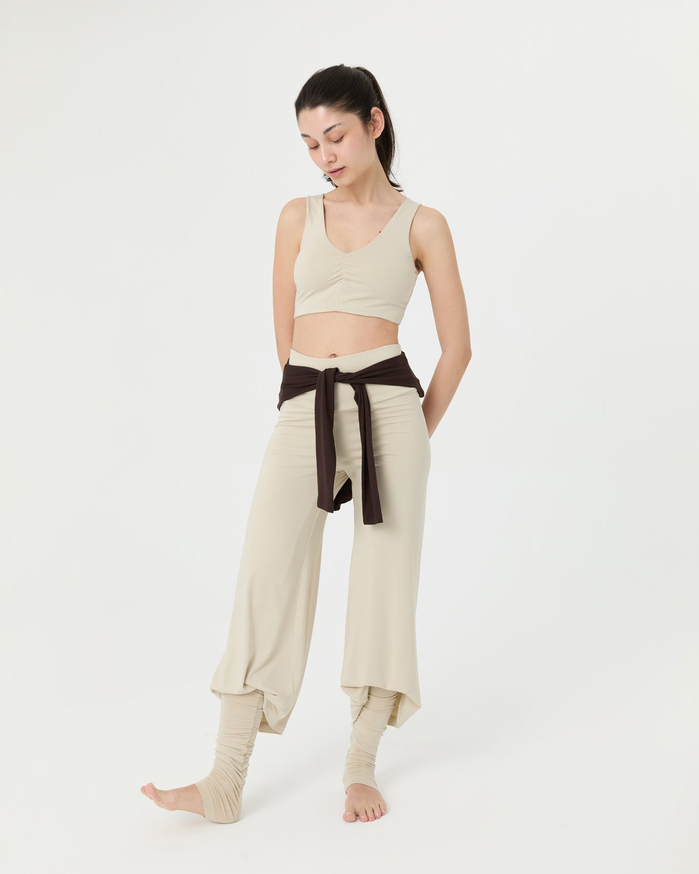 Krema Büzgülü V Yaka Yoga Bra