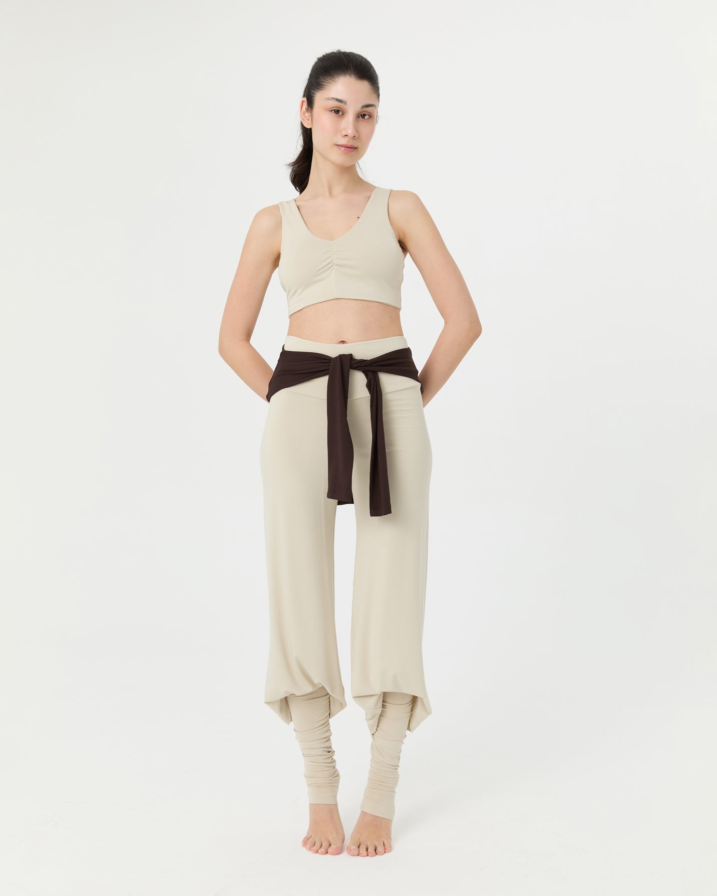 Krema Büzgülü V Yaka Yoga Bra