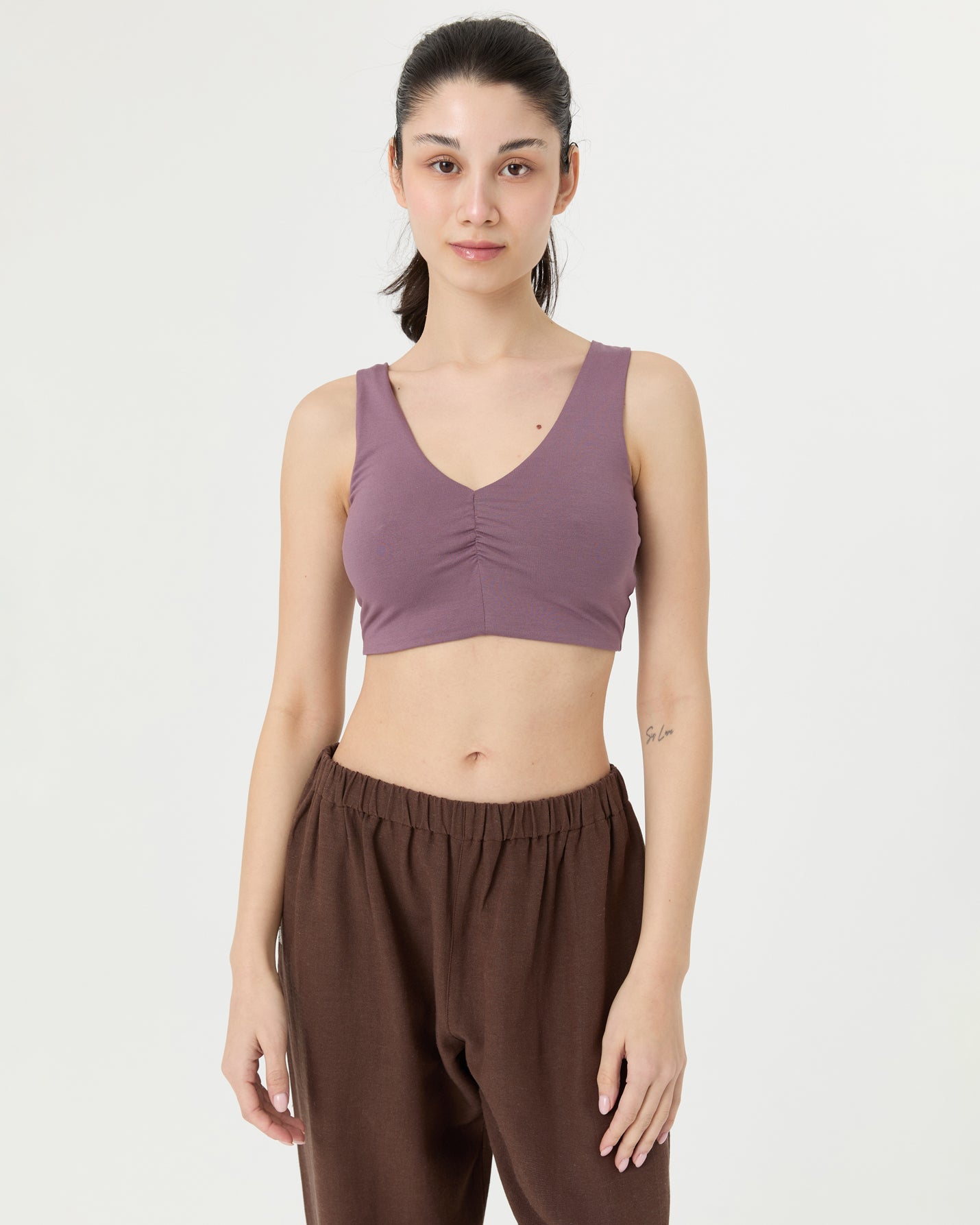 Lila Büzgülü V Yaka Yoga Bra