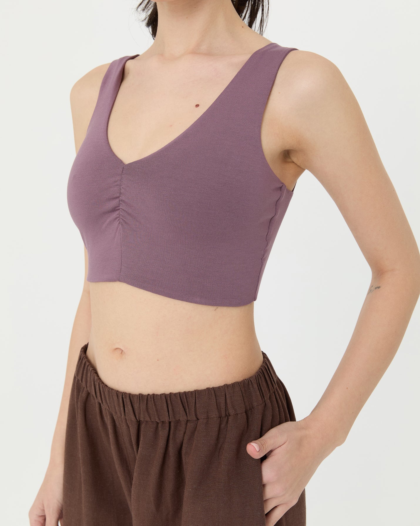 Lila Büzgülü V Yaka Yoga Bra