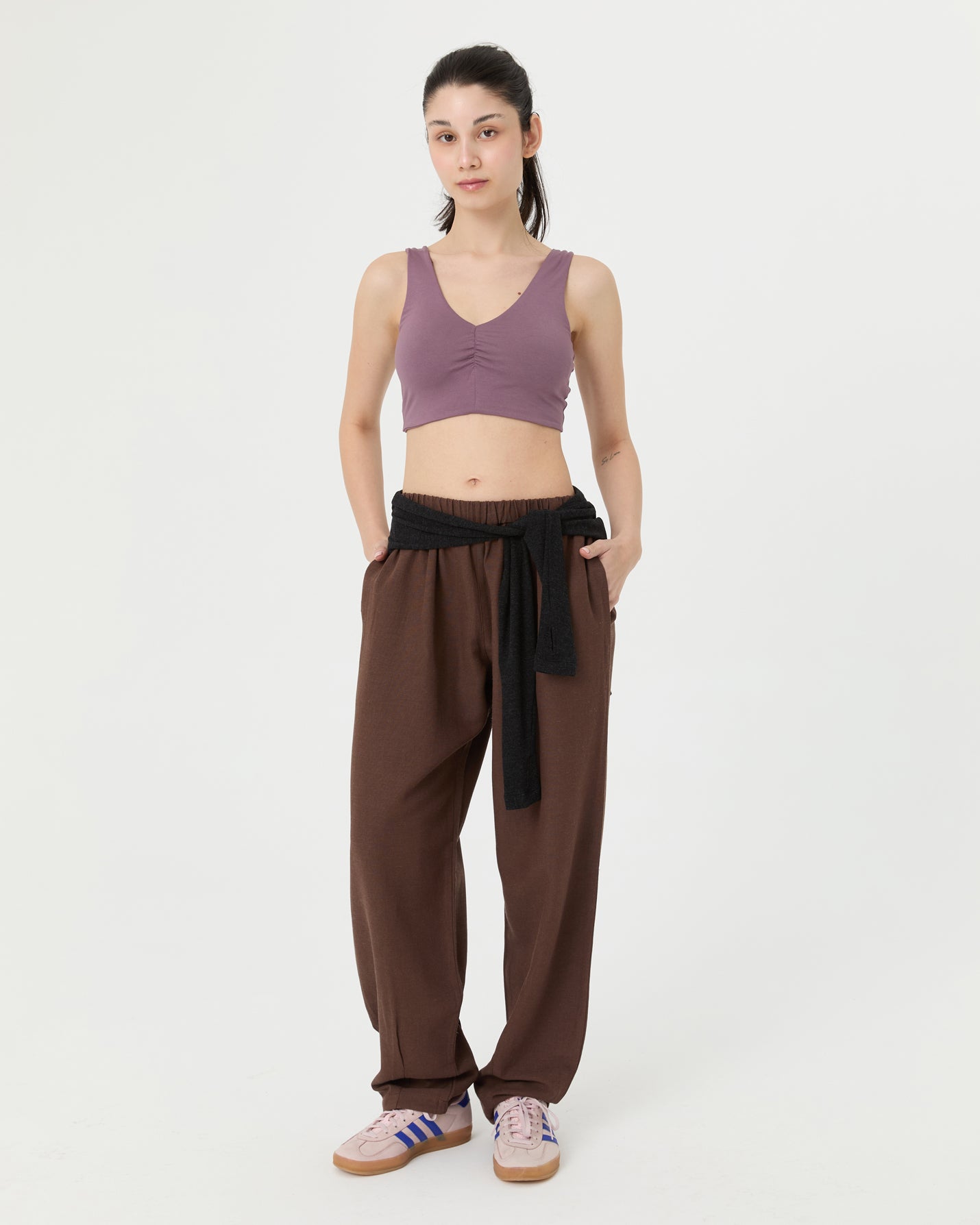 Lila Büzgülü V Yaka Yoga Bra