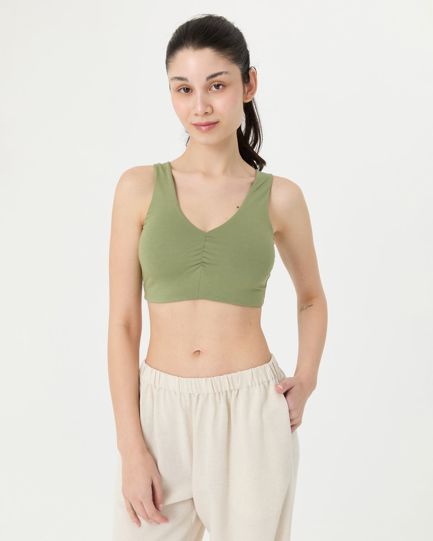 Matcha Büzgülü V Yaka Yoga Bra