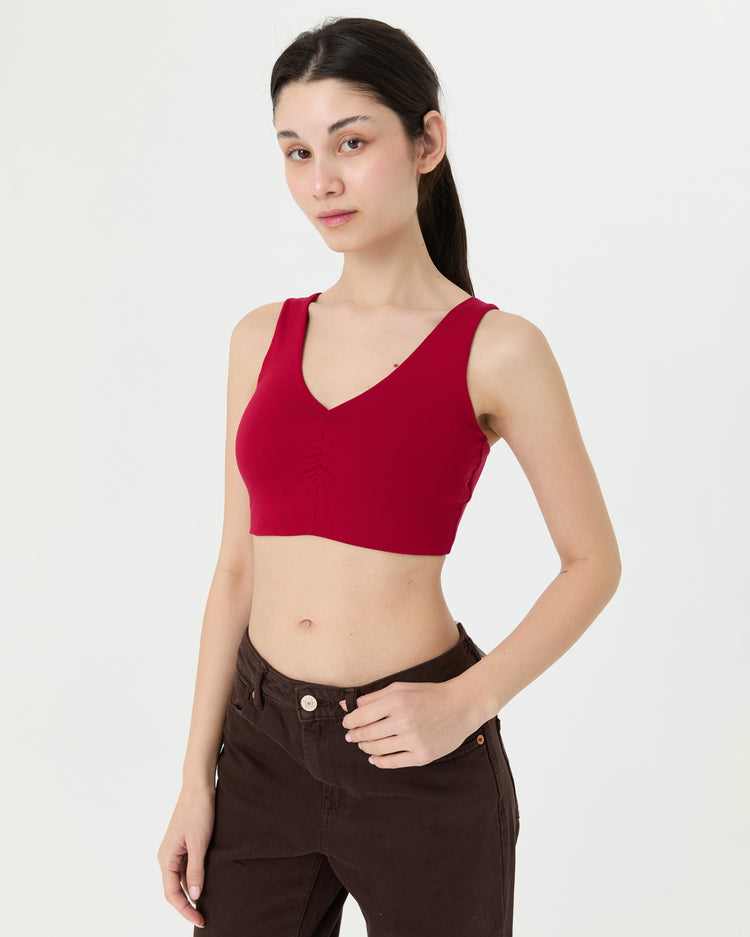 Vişne Büzgülü V Yaka Yoga Bra