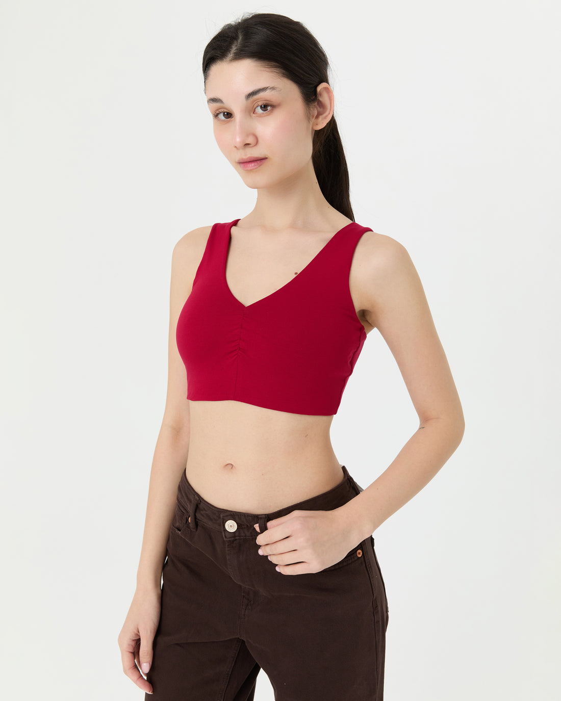 Vişne Büzgülü V Yaka Yoga Bra