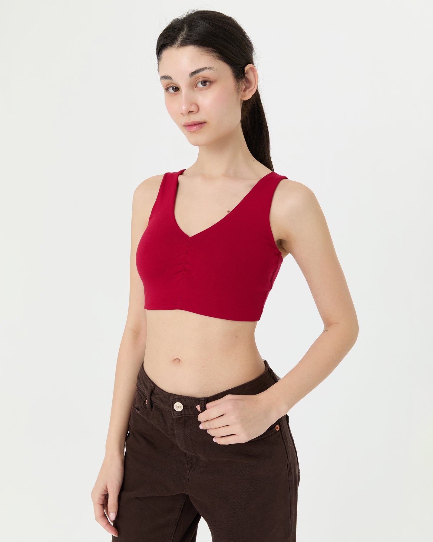 Vişne Büzgülü V Yaka Yoga Bra