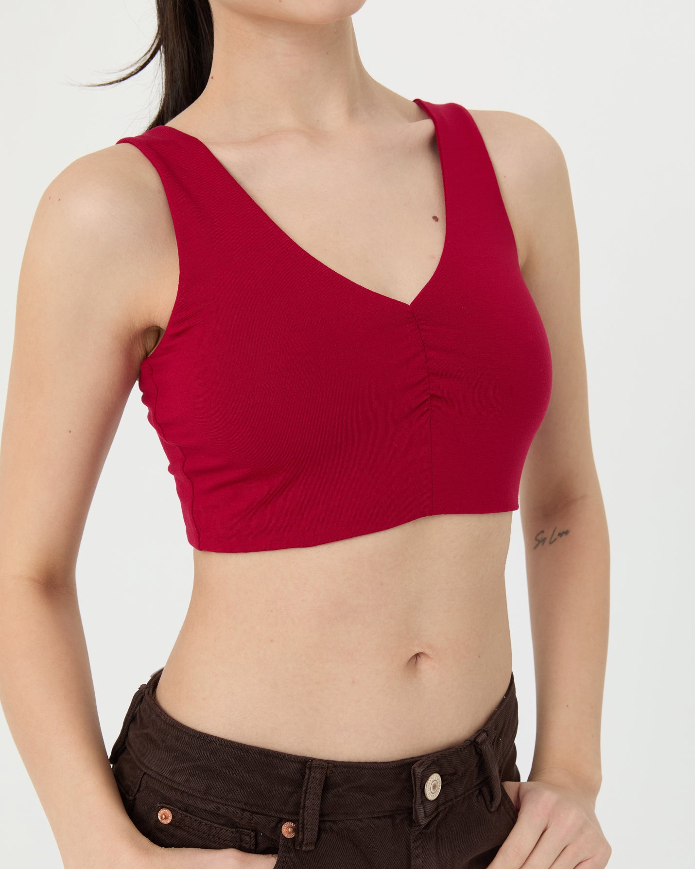 Vişne Büzgülü V Yaka Yoga Bra