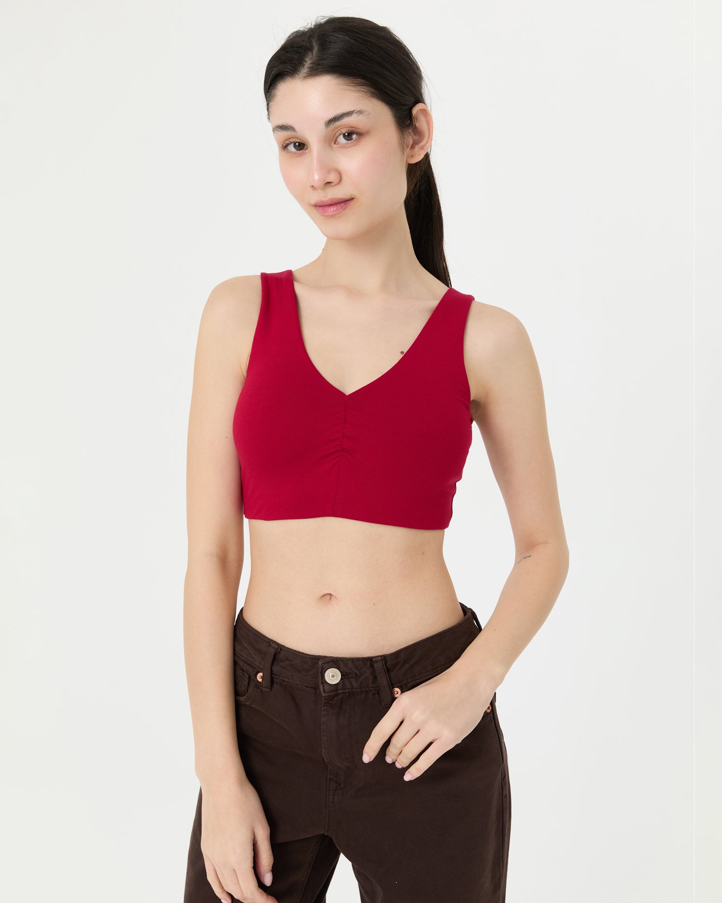 Vişne Büzgülü V Yaka Yoga Bra