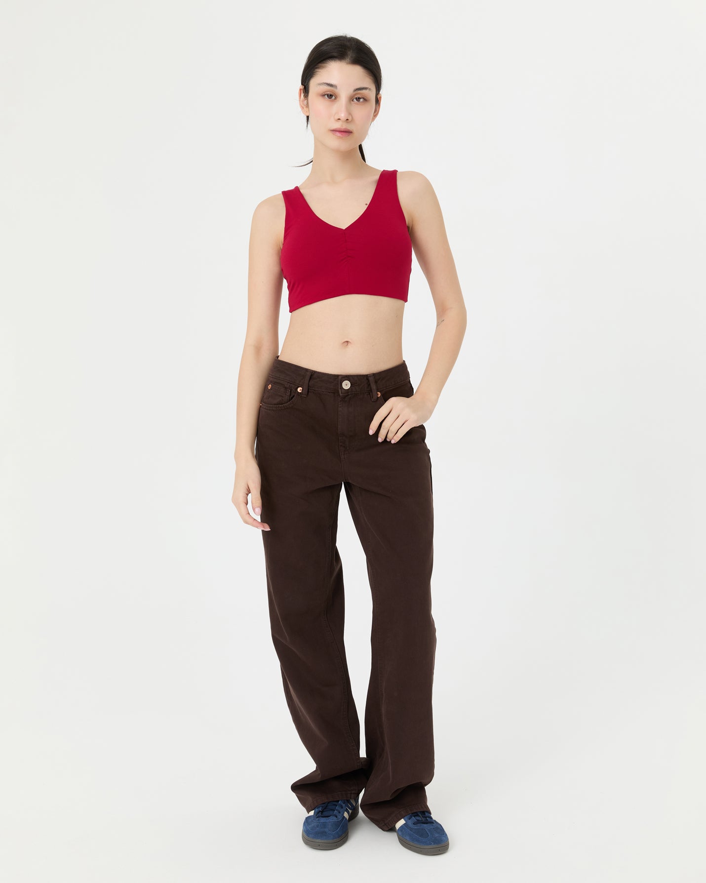 Vişne Büzgülü V Yaka Yoga Bra