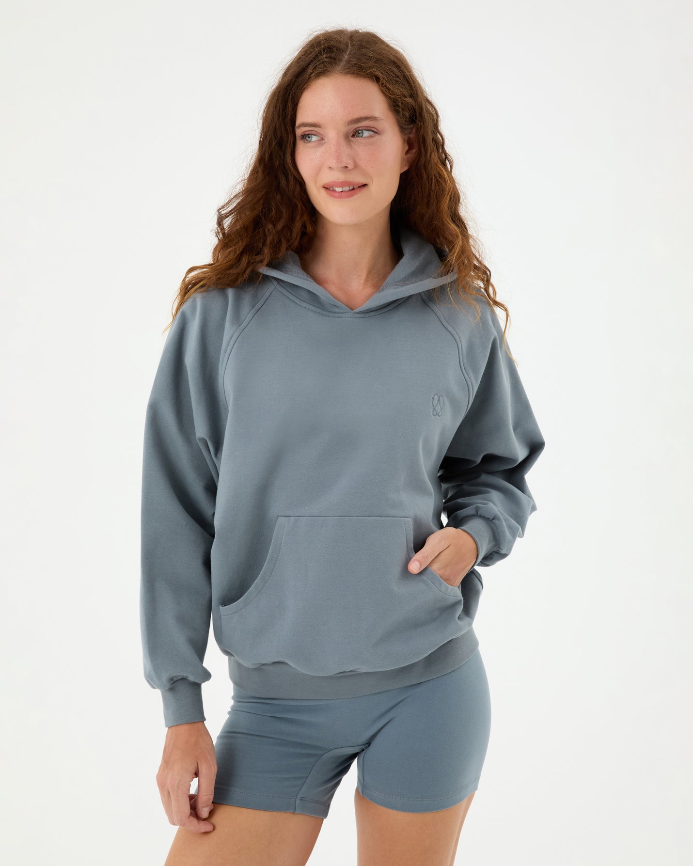 Mavi Ladin Kapşonlu Oversize Sweatshirt