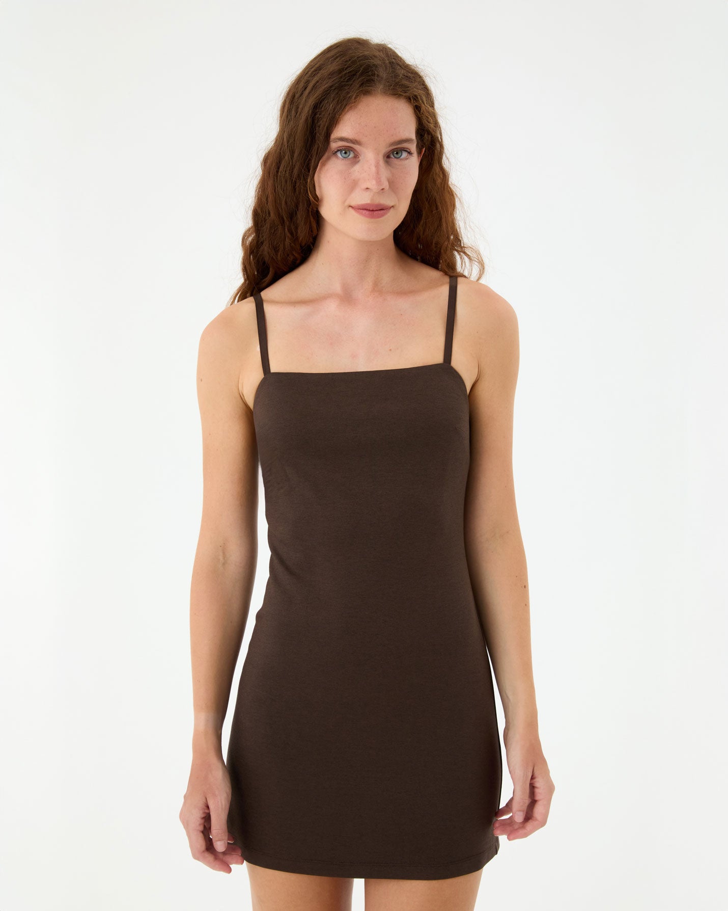 Kahverengi Askılı Mini Elbise