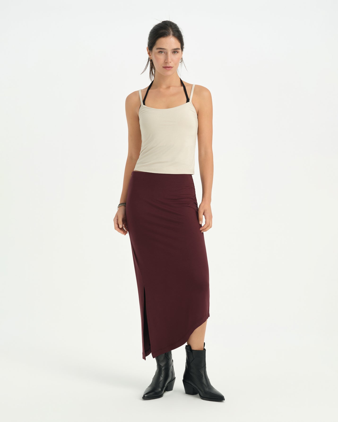 Kestane İç Şortlu Asimetrik Midi Etek