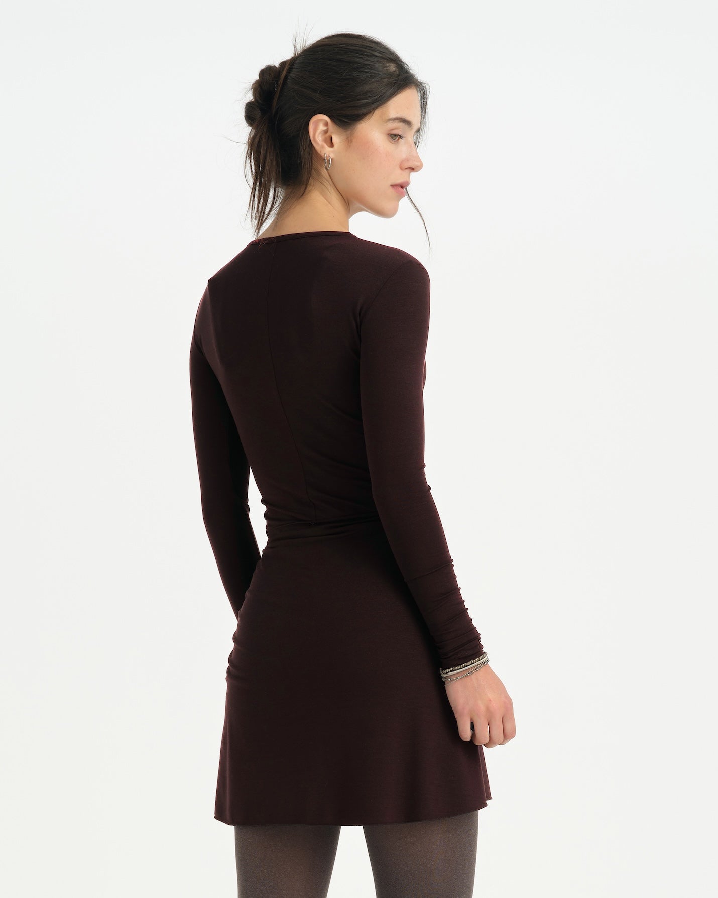 Kahverengi Uzun Kollu Mini Wrap Elbise
