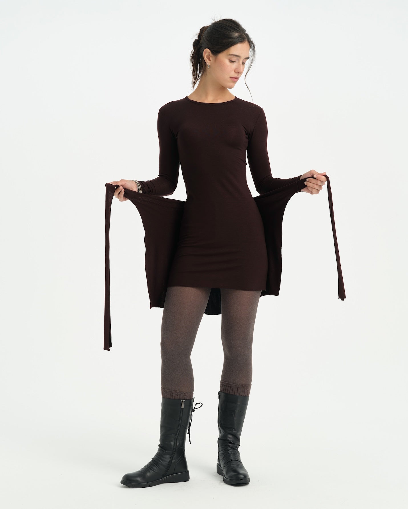 Kahverengi Uzun Kollu Mini Wrap Elbise