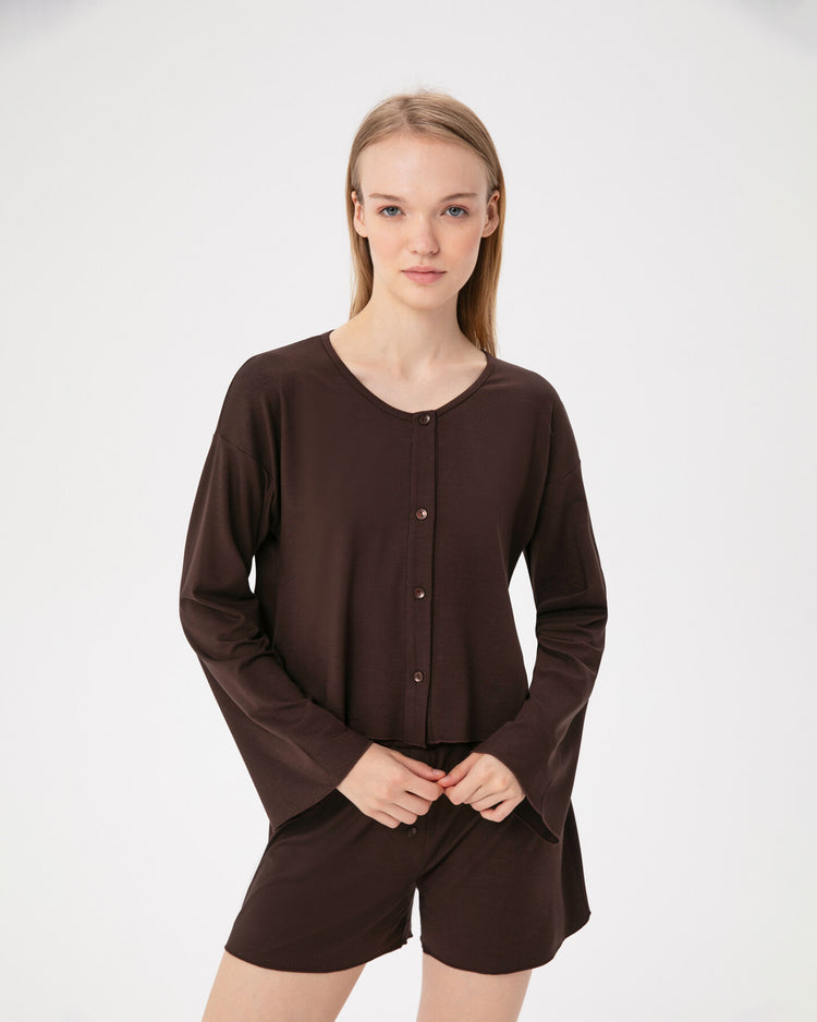 Kahverengi Volanlı Pijama Üstü