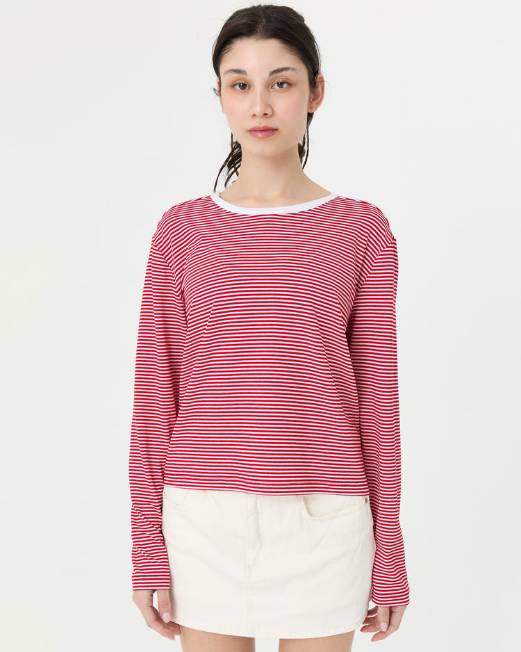 Kırmızı Uzun Kollu Çizgili T-shirt