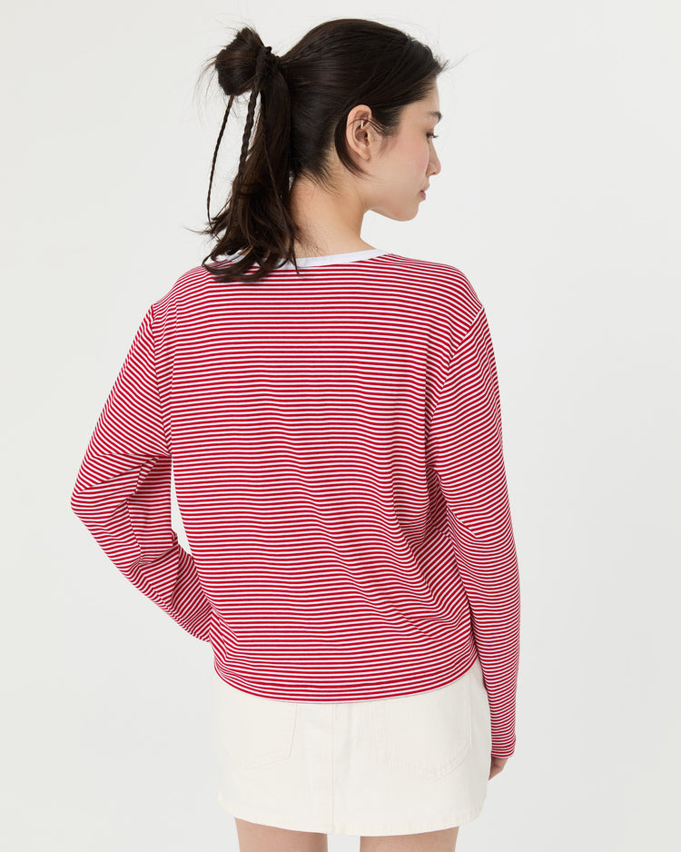 Kırmızı Uzun Kollu Çizgili T-shirt