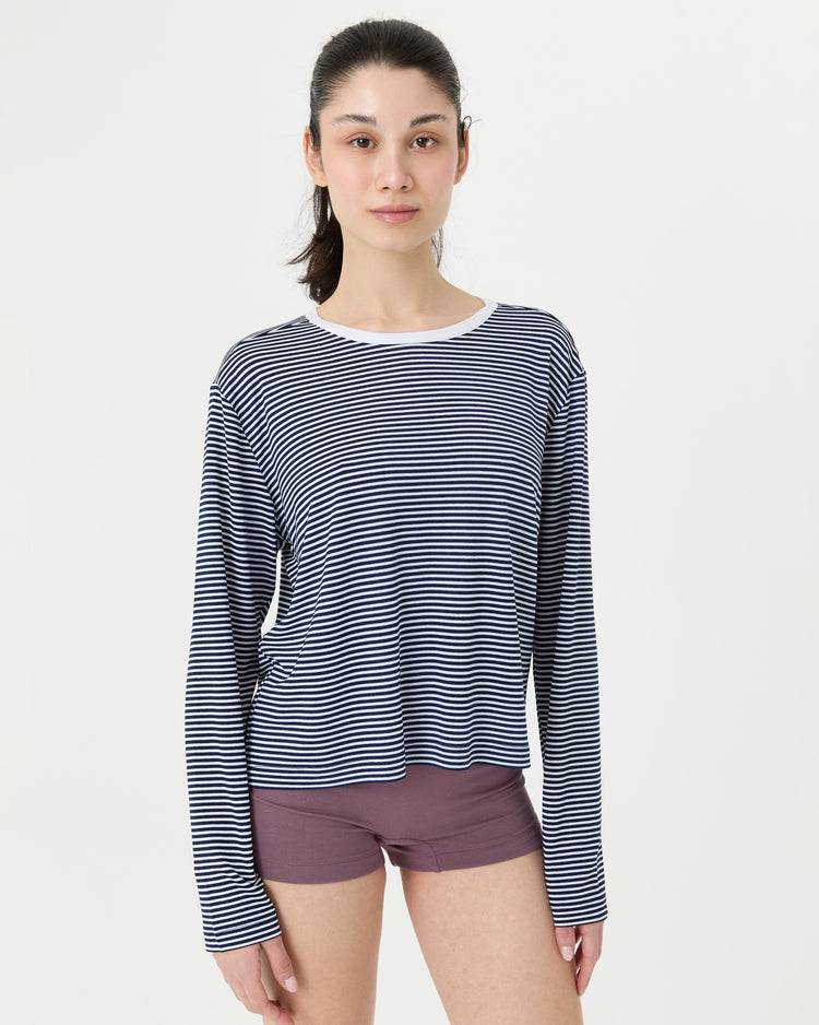 Lacivert Uzun Kollu Çizgili T-shirt