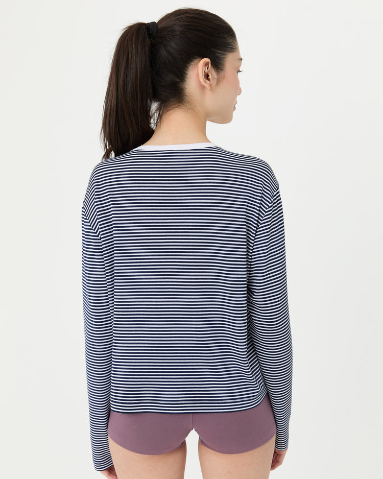 Lacivert Uzun Kollu Çizgili T-shirt