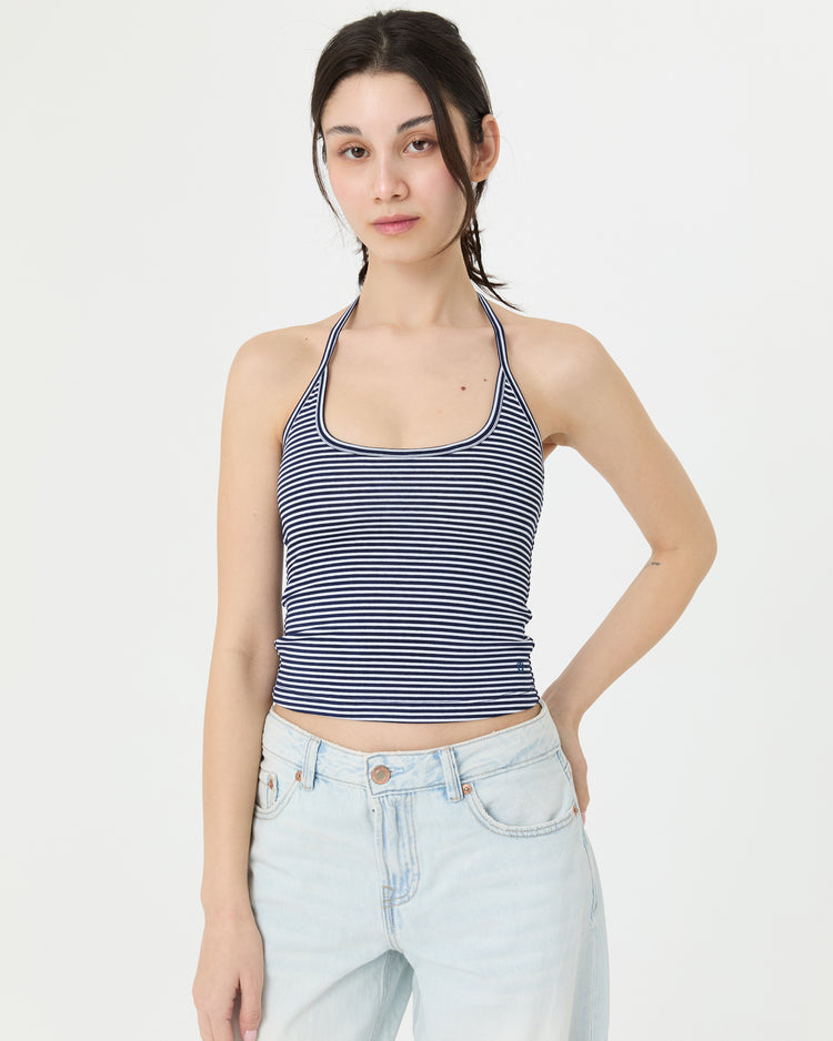 Lacivert Çizgili Boyundan Bağlamalı Atlet