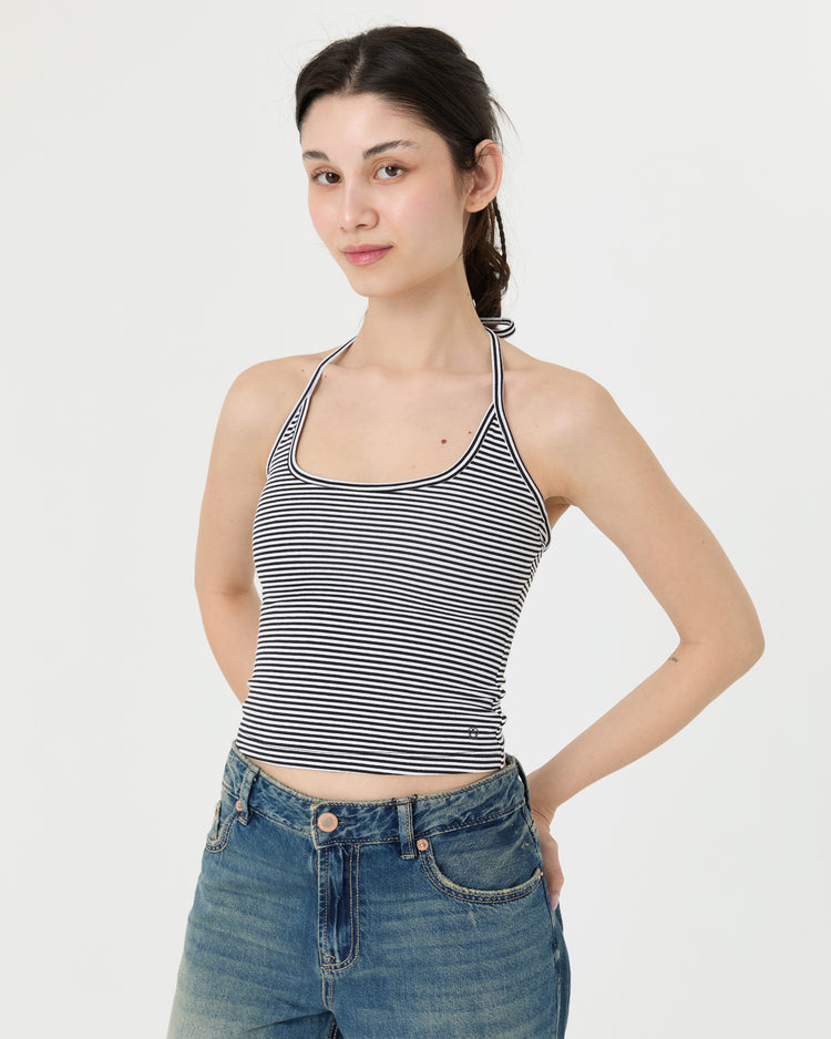 Siyah Çizgili Boyundan Bağlamalı Atlet