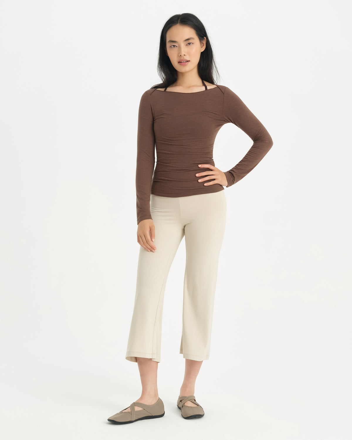 Kahve Melanj Yünlü Kayık Yaka Bluz