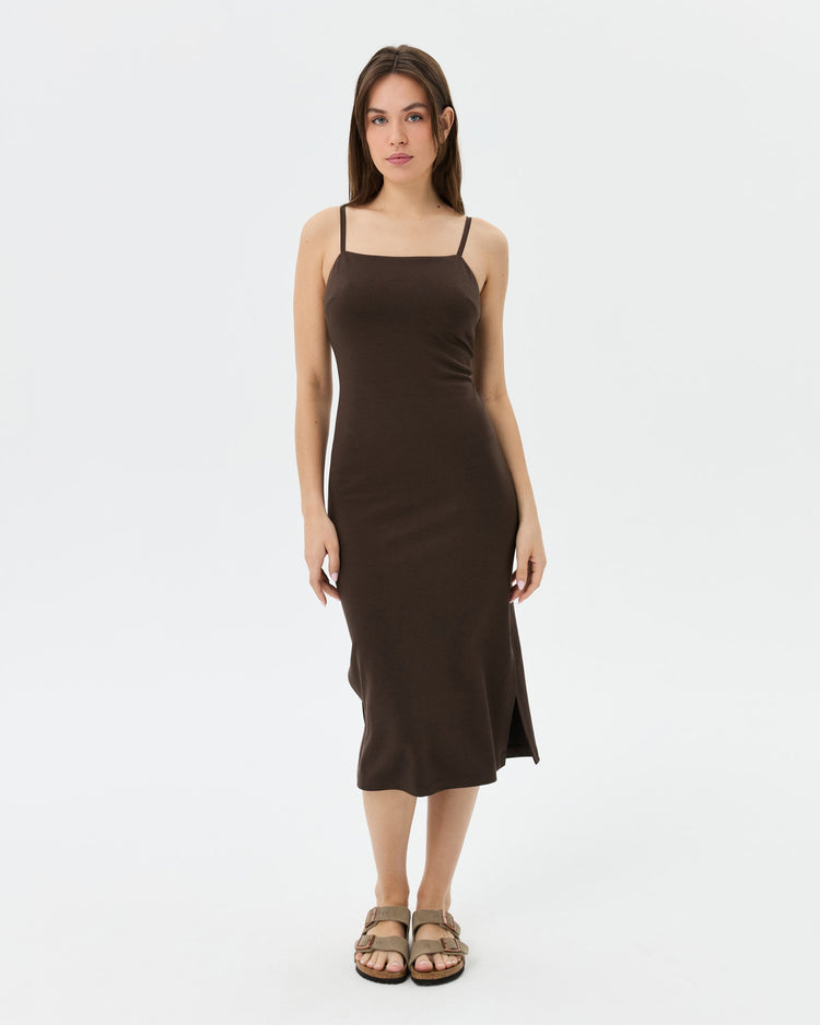 Kahverengi Askılı Midi Elbise