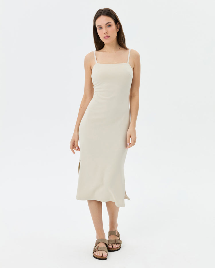 Krema Askılı Midi Elbise