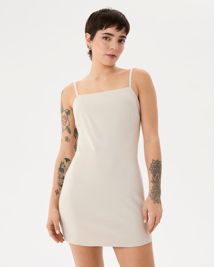 Krema Askılı Mini Elbise