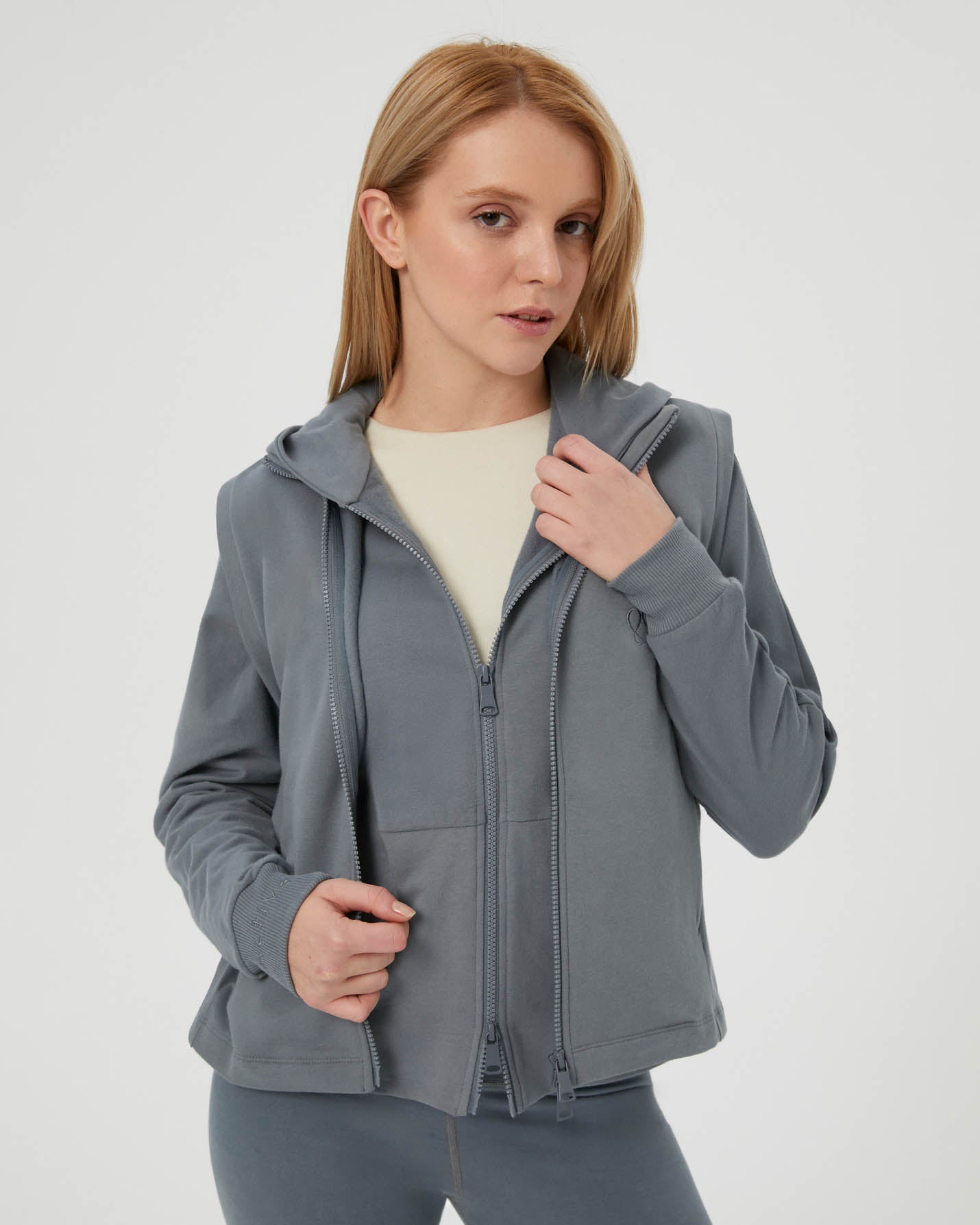 Mavi Ladin Fermuarlı Hoodie